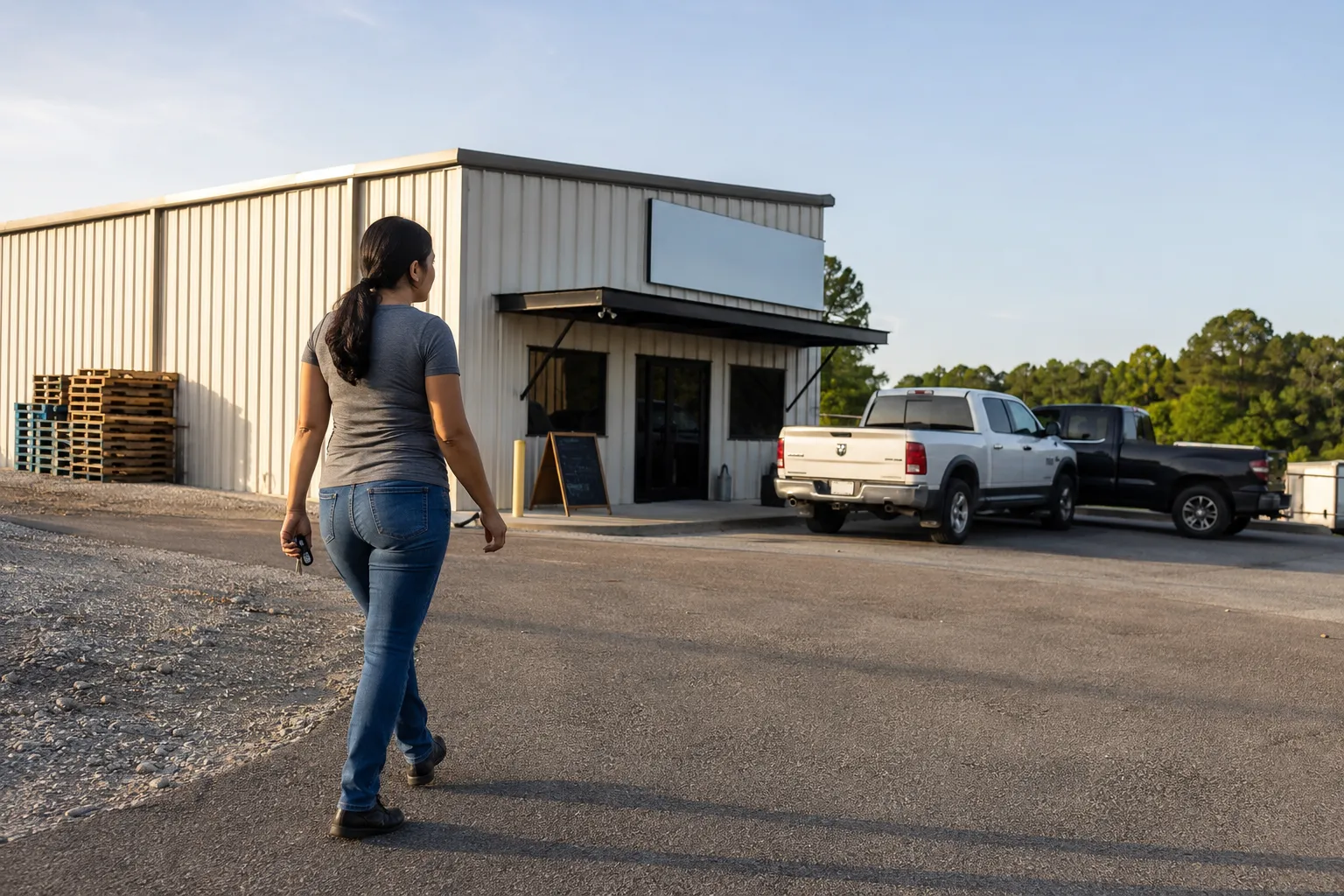 Woman walking into a full service used auto parts yard in Atlanta on a warm morning.