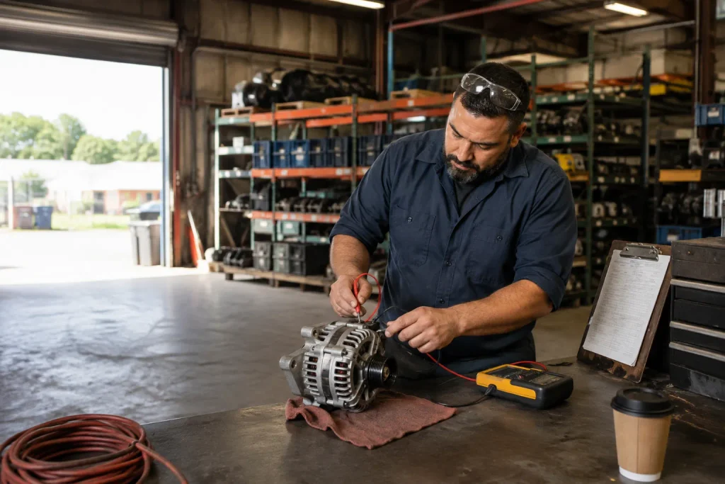 Yard technician bench-testing a used alternator before it reaches the counter.