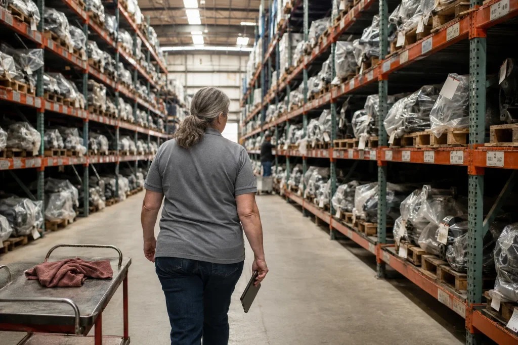 Staff member checking inventory along a used auto parts warehouse aisle in Atlanta.