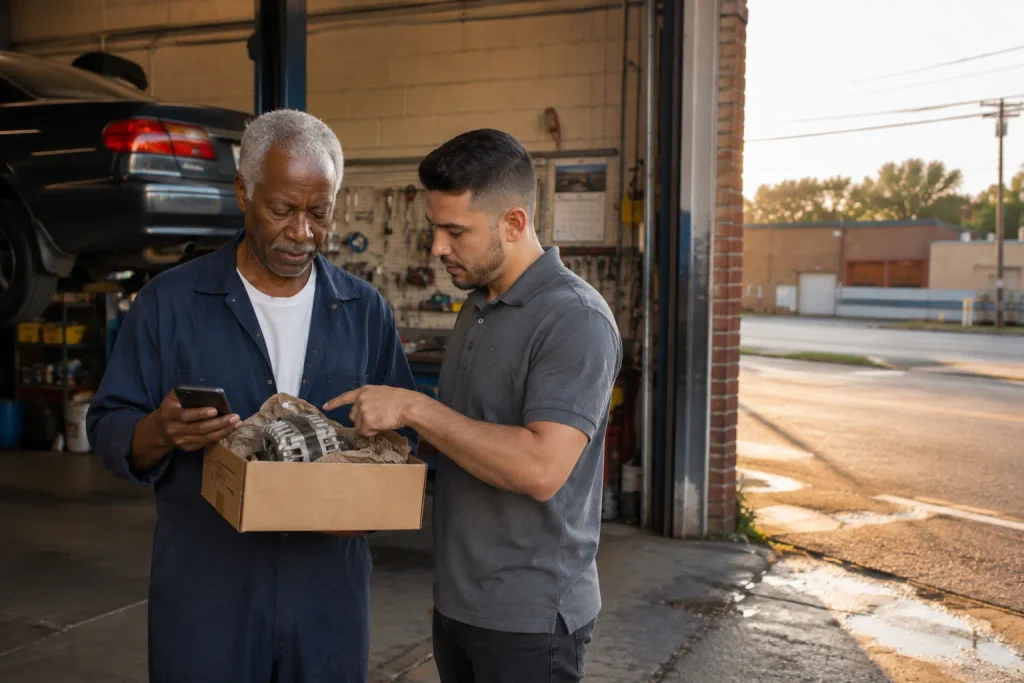 Independent repair shop owner checking a delivered used part against a work order.