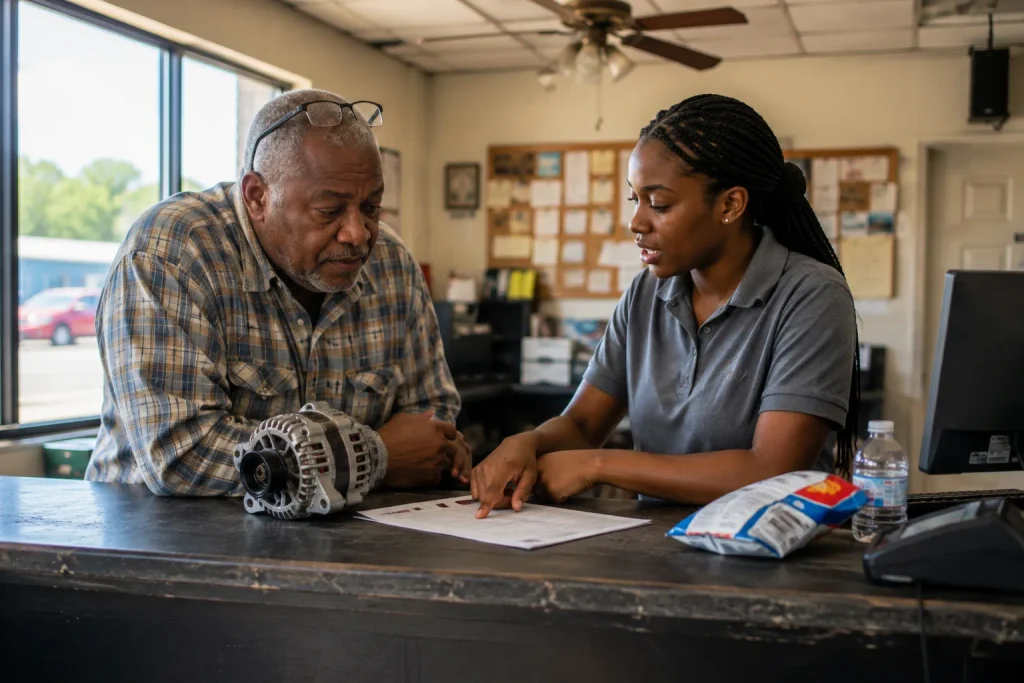 Customer asking a salvage yard staffer about warranty coverage at the front counter.