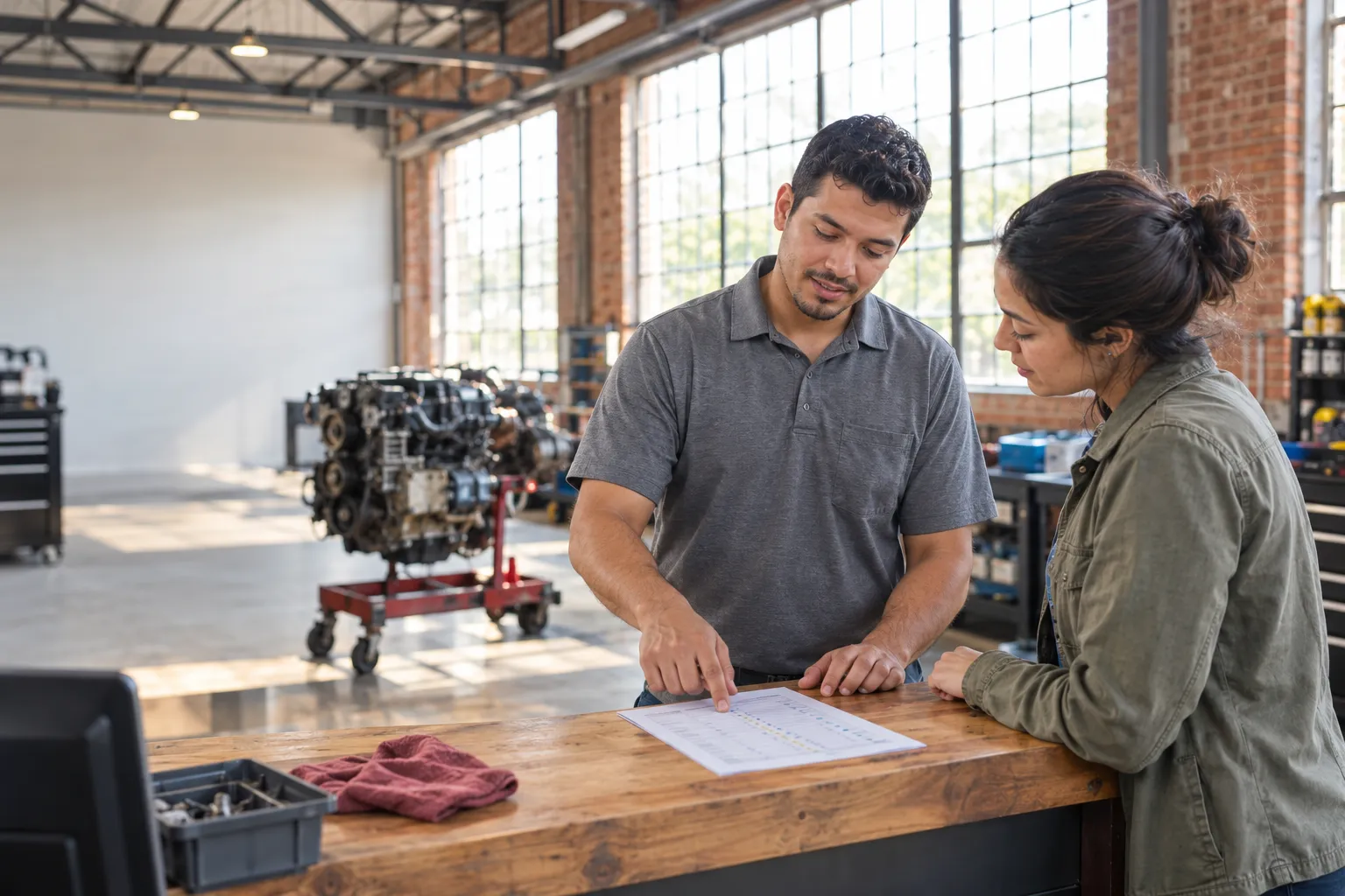 Parts specialist reviewing a used engine inspection checklist with a customer.