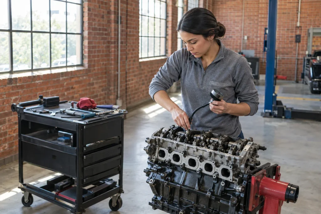 Technician running a compression test on a used engine.