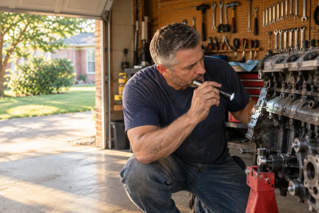 DIY mechanic checking an engine code stamp before buying a used engine.