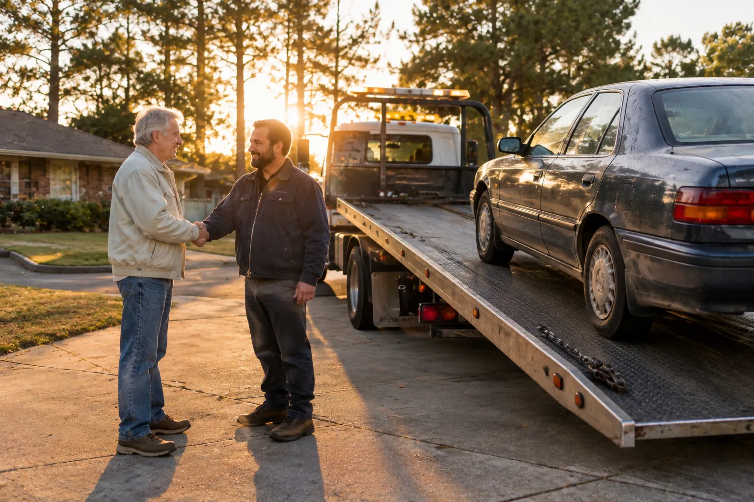 A tow truck driver picks up a junk car from a driveway after title paperwork is confirmed.