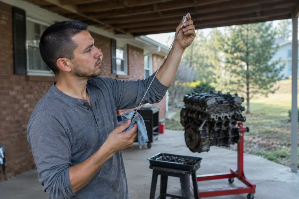 Checking used engine oil for sludge before buying.