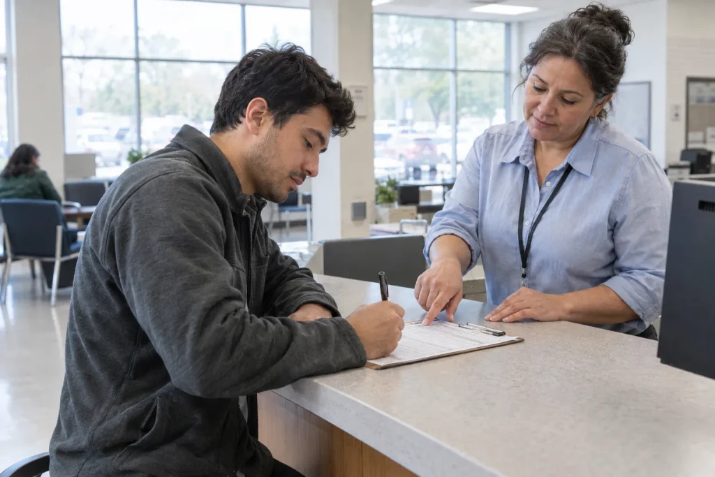 A customer fills out a replacement title application at a Georgia County Tag Office counter.