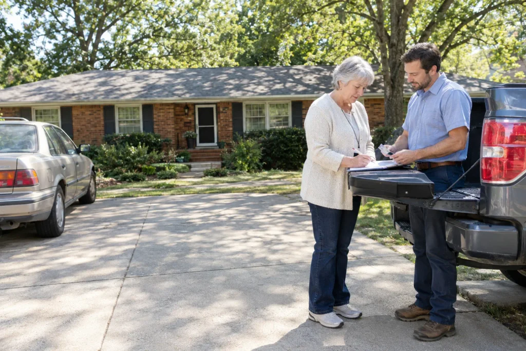 A seller signs an MV-1SP no-title affidavit for a licensed buyer in a Georgia driveway.