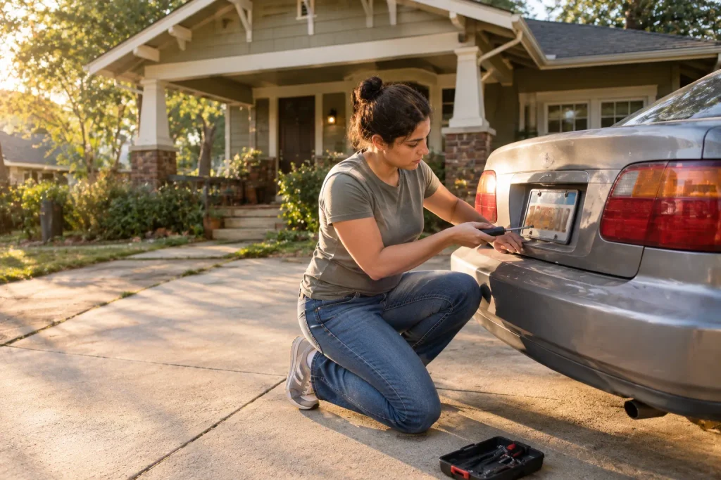 A car owner removes a Georgia license plate to surrender before selling a junk car.