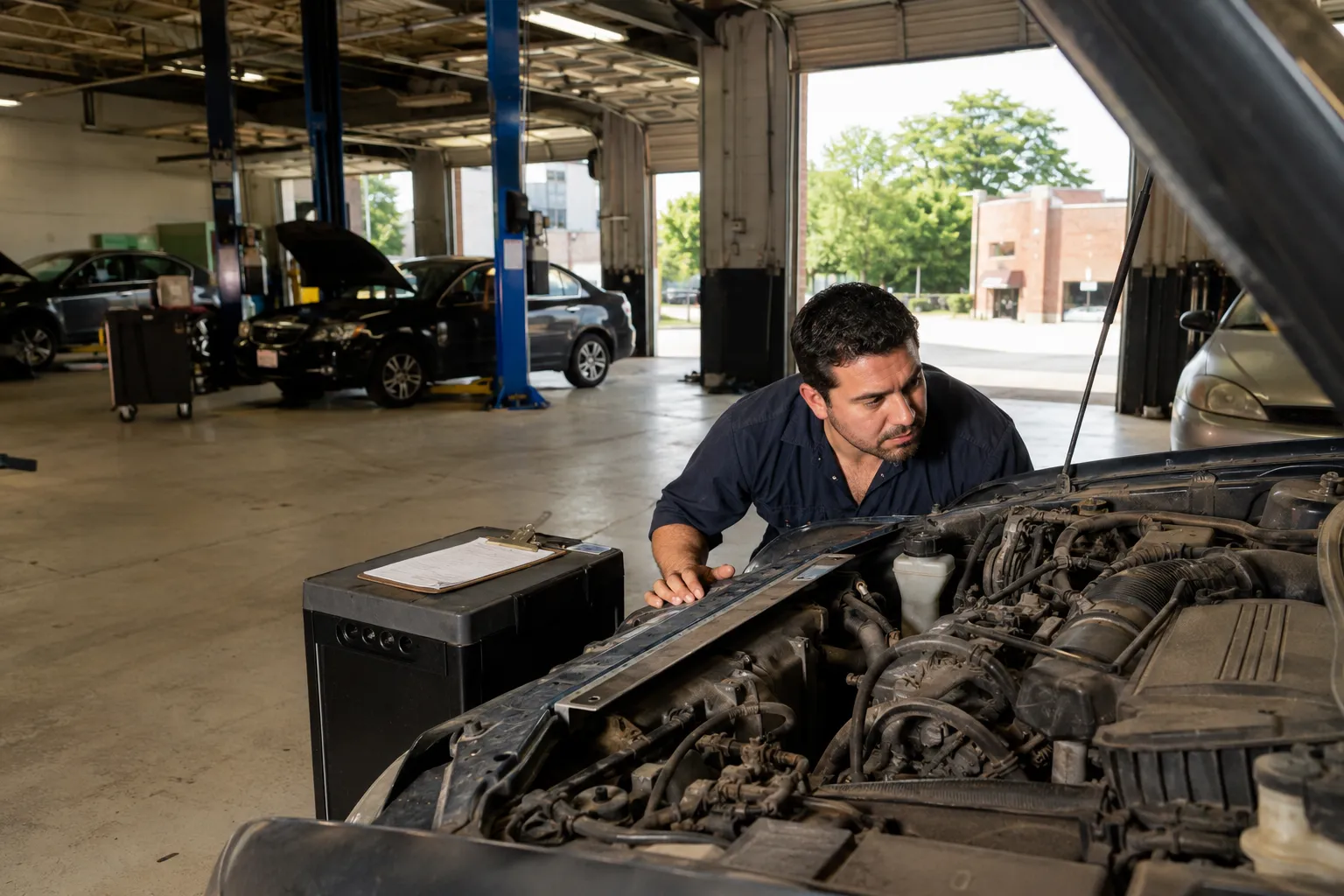 Mechanic inspecting a car's underside after catalytic converter theft in Atlanta.