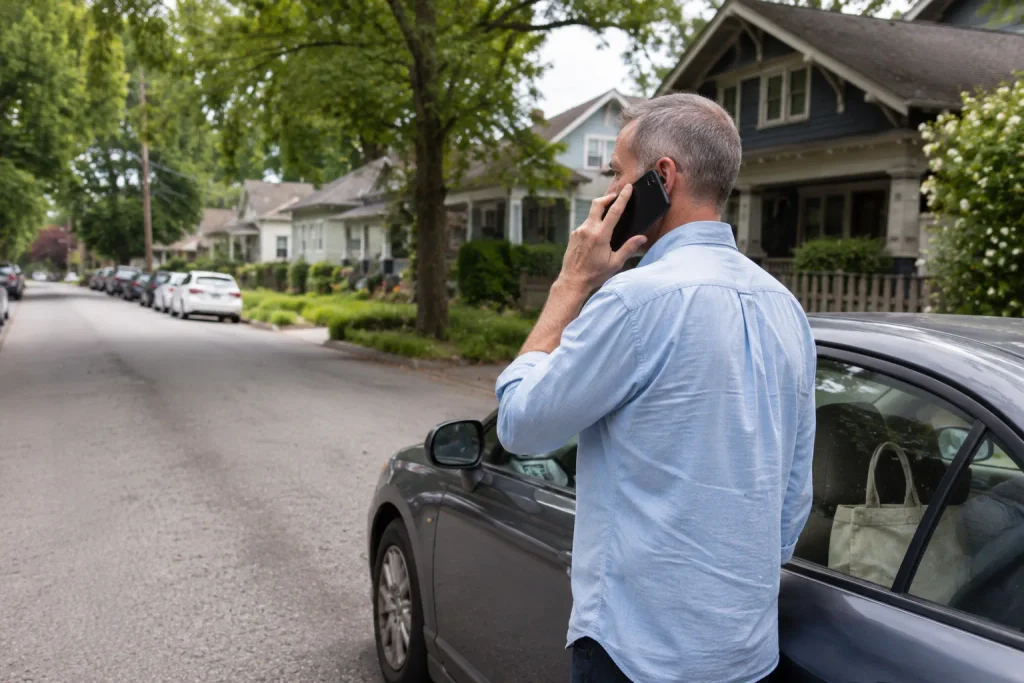 Driver on the phone after catalytic converter stolen, reporting to police.