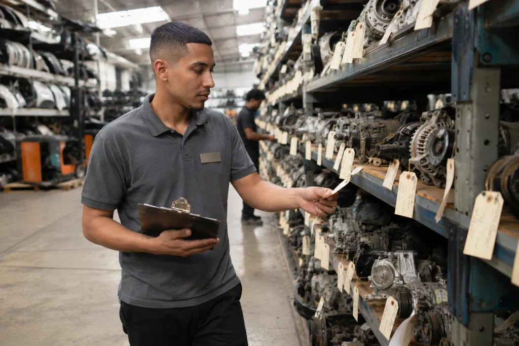 Documented used catalytic converter inventory at an Atlanta auto parts warehouse.
