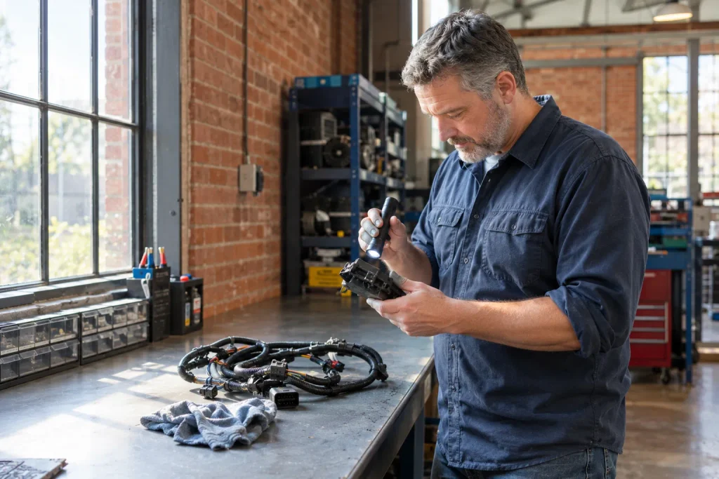 Technician inspecting a used control module for water damage under a flashlight.