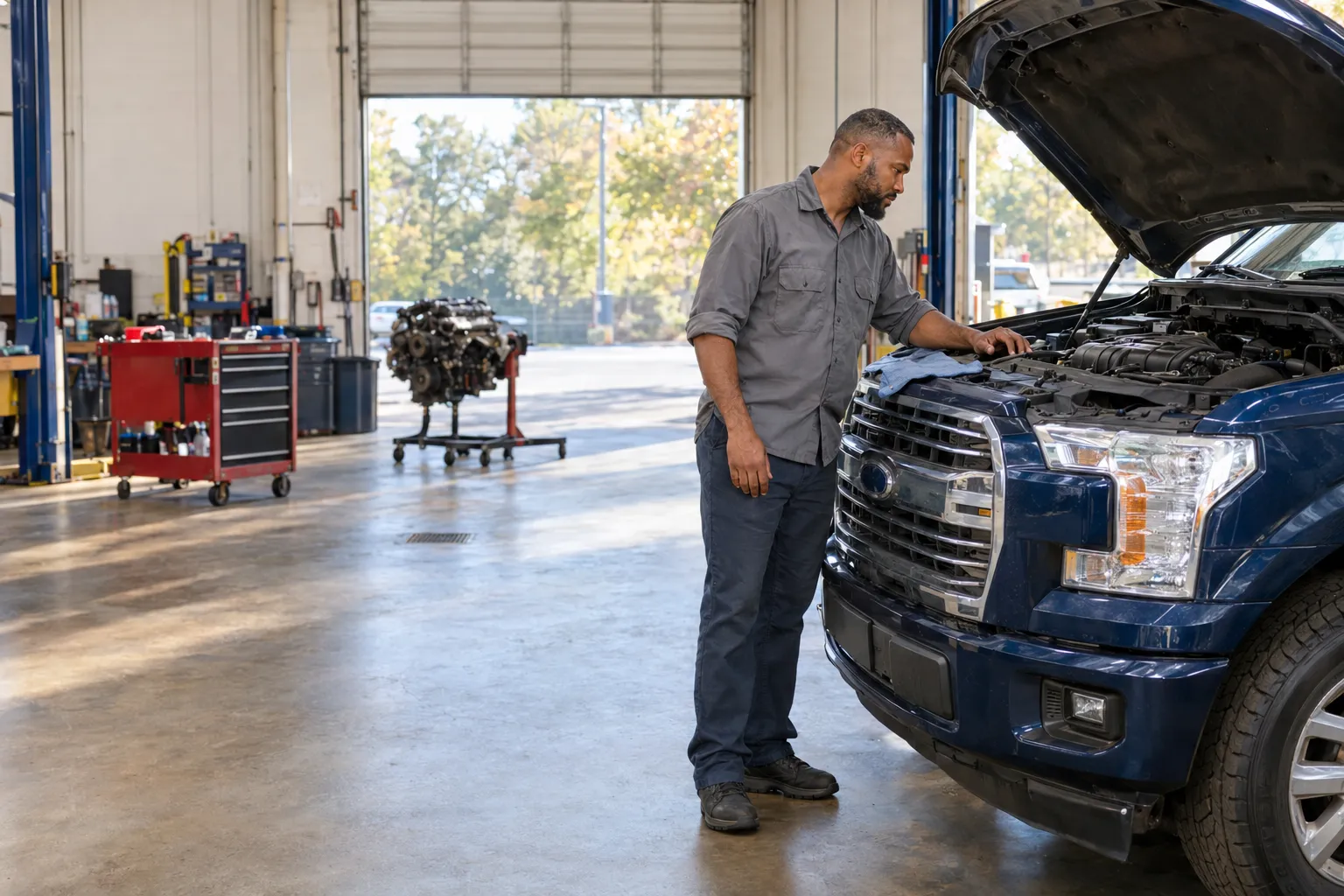 Mechanic checking an F-150 engine bay before an engine interchange in Atlanta.