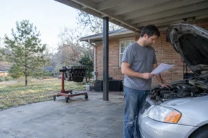 DIY mechanic studying the engine bay of a compact sedan before an engine swap.