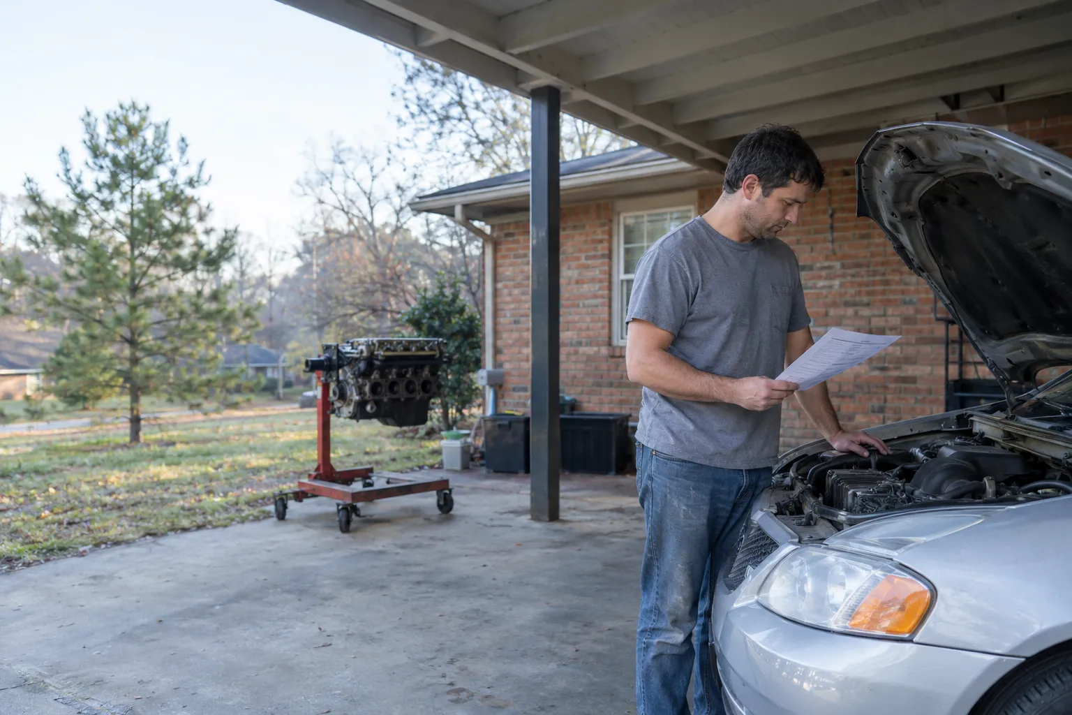 DIY mechanic studying the engine bay of a compact sedan before an engine swap.