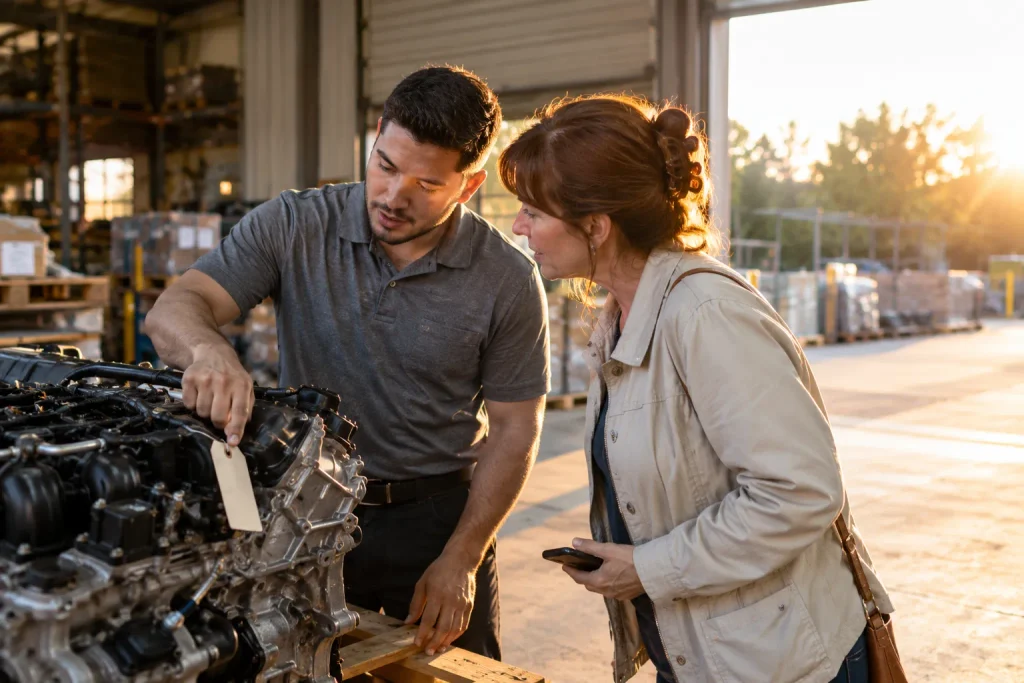 Parts specialist and customer confirming a used Civic engine fits at a warehouse dock.