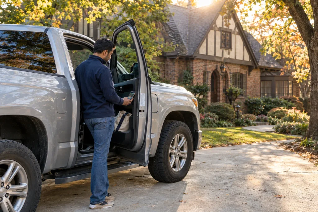 Truck owner checking the VIN label to confirm F-150 engine code before buying.