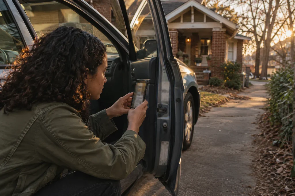 Woman photographing the VIN sticker inside a car door jamb for a free VIN check.