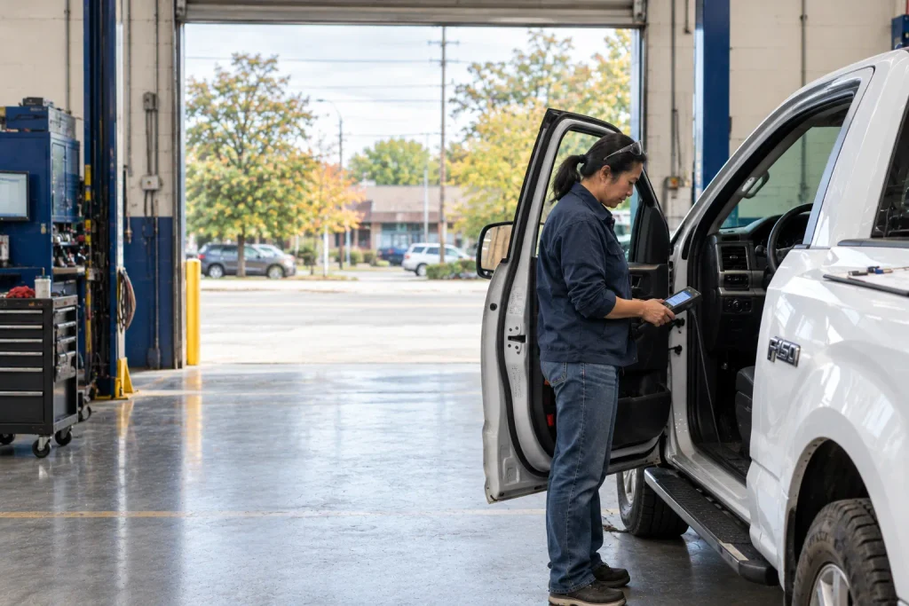 Technician connecting a scan tool during an emissions test on a pickup in Atlanta.