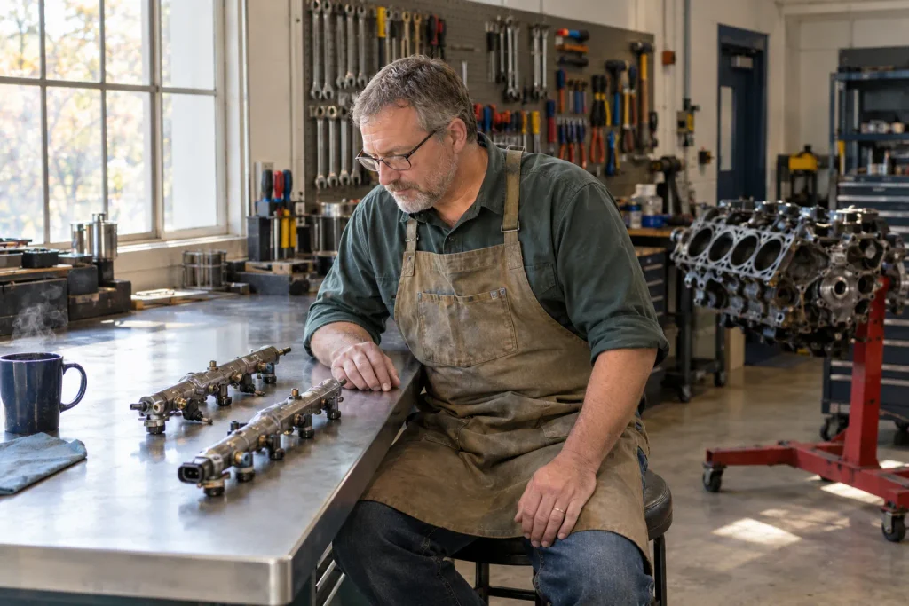 Builder comparing two Ford 5.0 Coyote fuel system parts on a workbench.