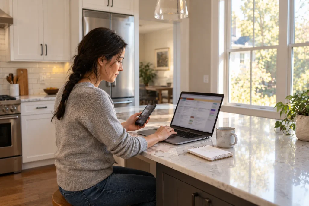 Woman reviewing a vehicle history lookup on a laptop at a kitchen island.