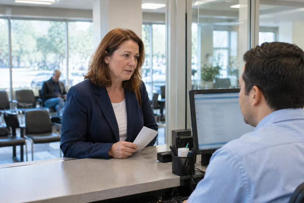 Car owner resolving a title question with a clerk at a county tag office counter.