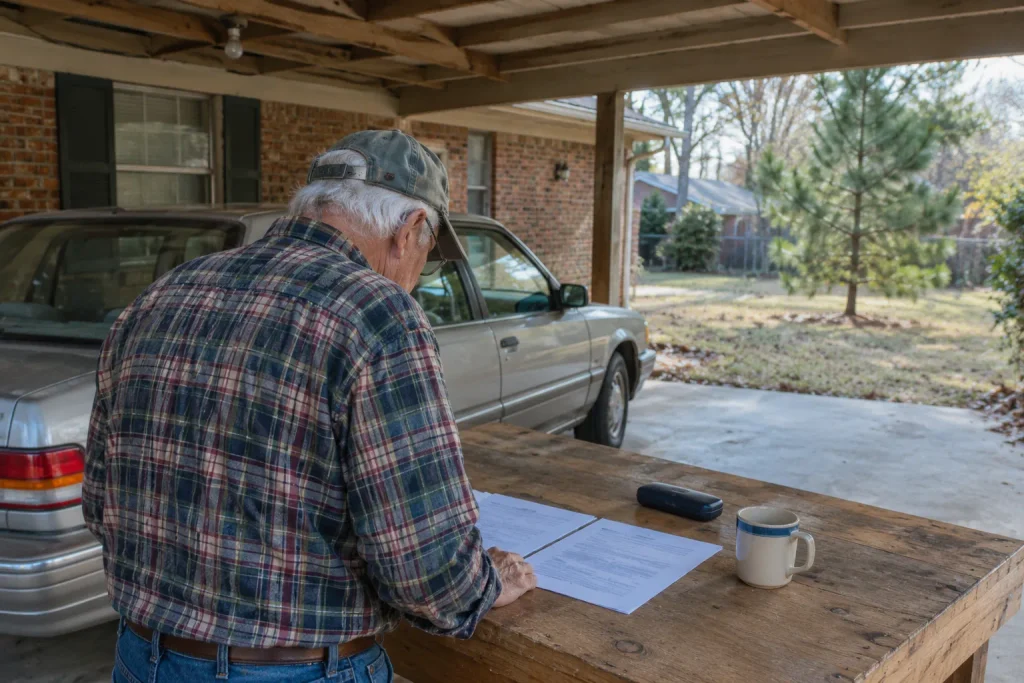 Owner reviewing a car title and lender letter at a carport workbench before selling.