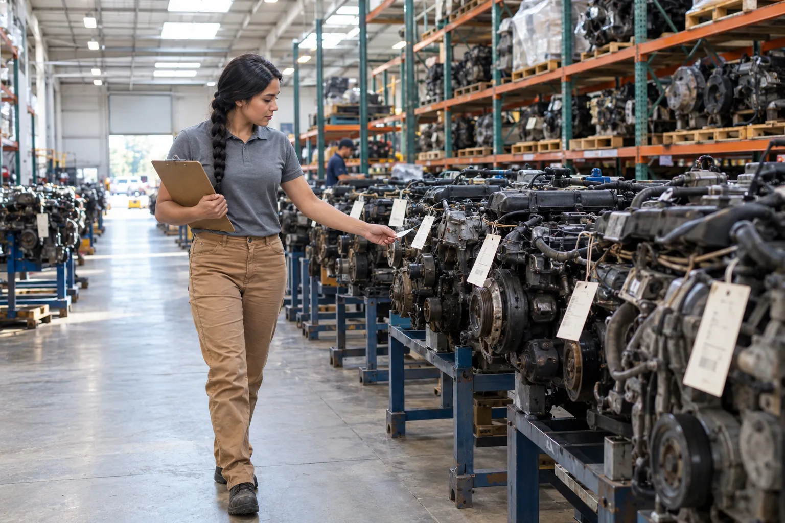 Warehouse worker matching used F-150 engines by tag on a shelf before a swap.