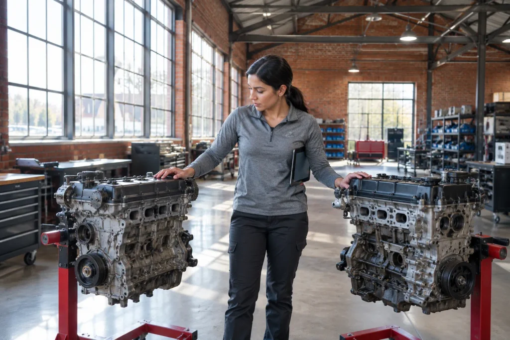 Technician comparing two used Civic engines side by side on engine stands.