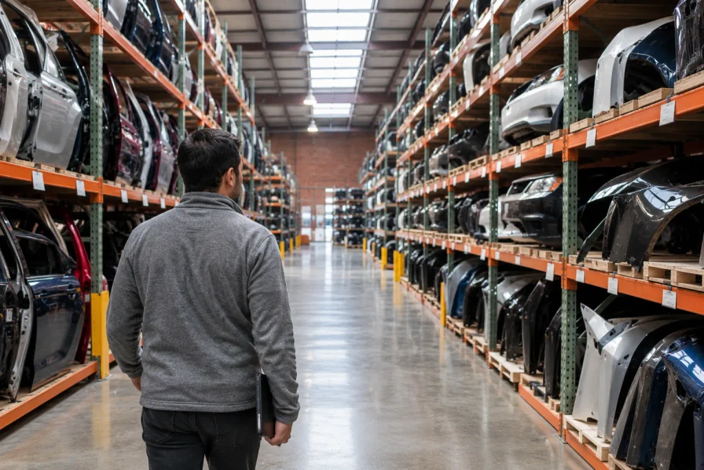 Warehouse worker walking aisles of tagged used parts pulled from salvage vehicles.