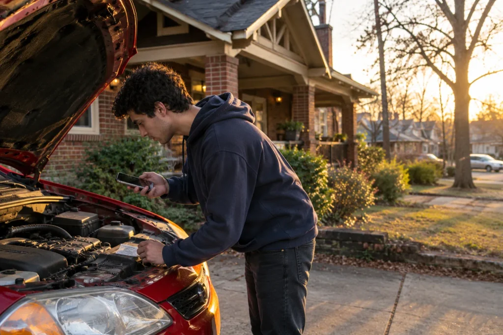 Checking the trim and emissions label of a compact car before buying an engine.