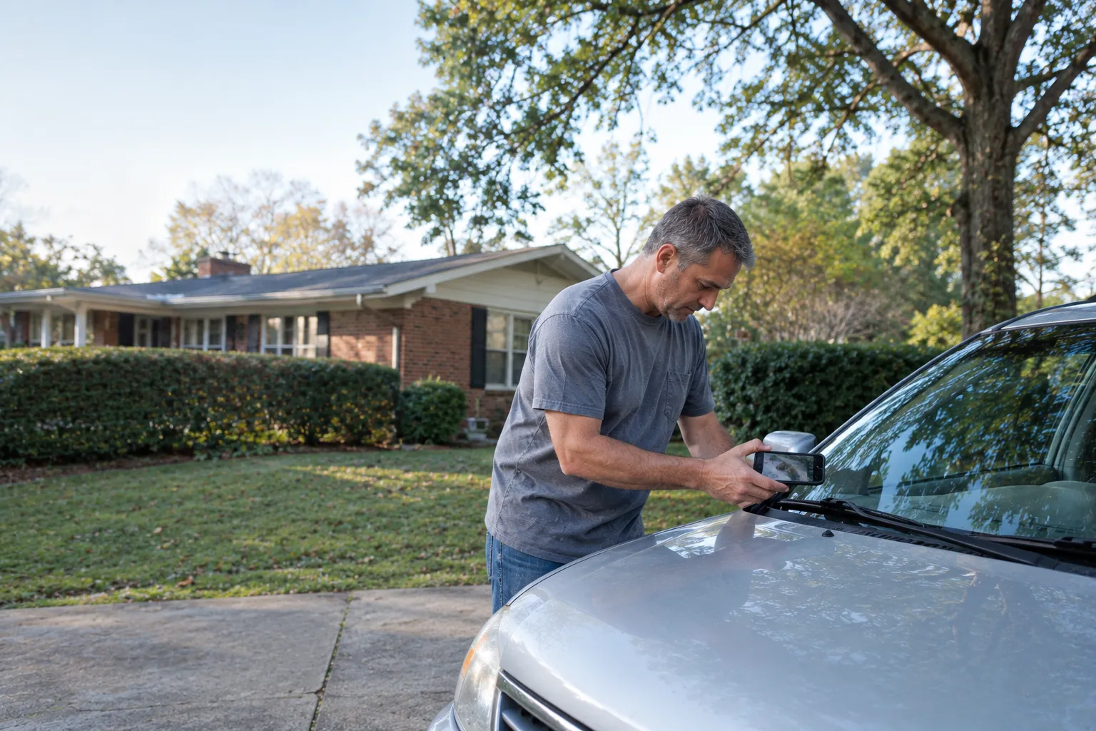 Owner checking the VIN on an older car before selling it as a junk car.